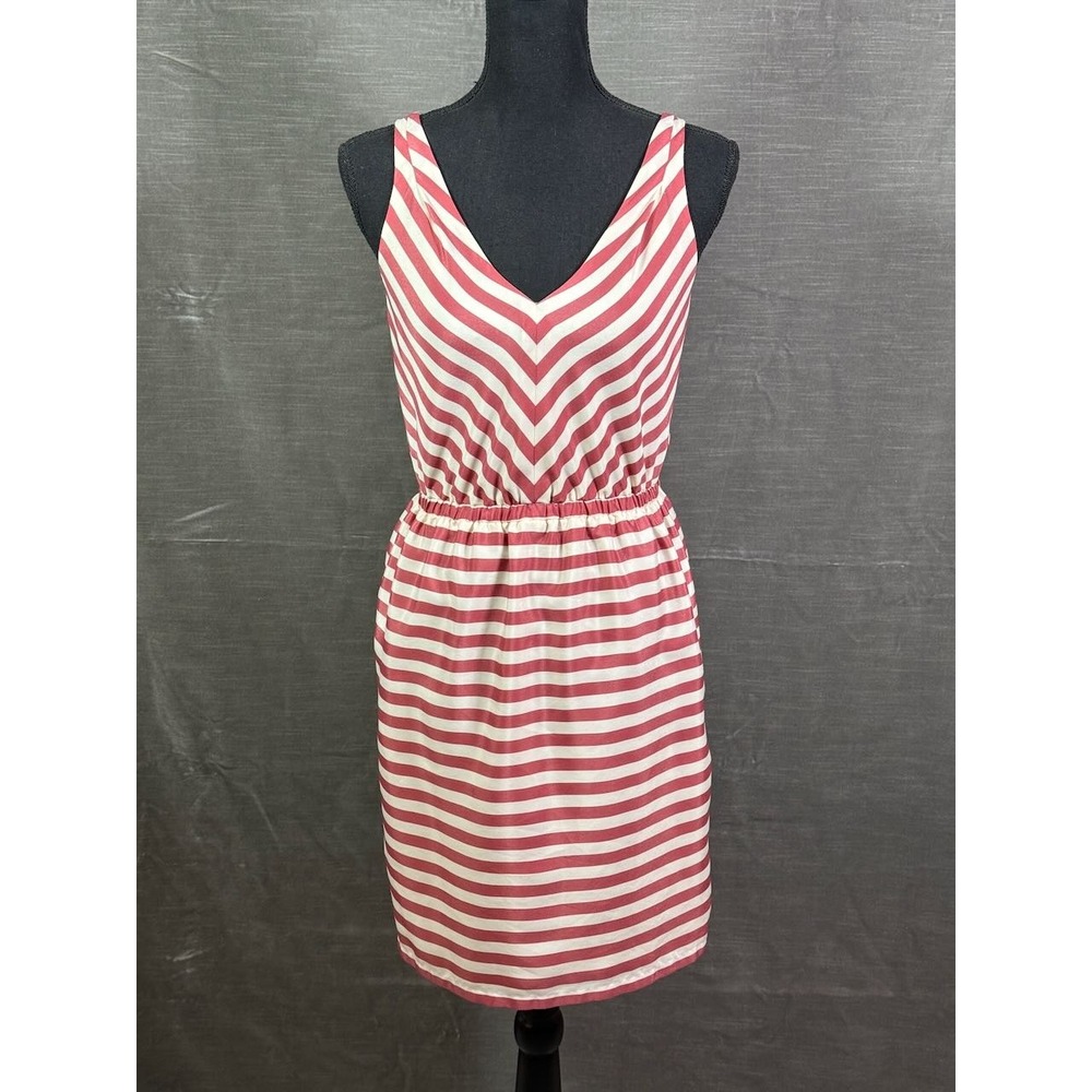 Ann Taylor Loft Women Red White Striped Sleeveless V-Neck Elastic Waist Dress XS